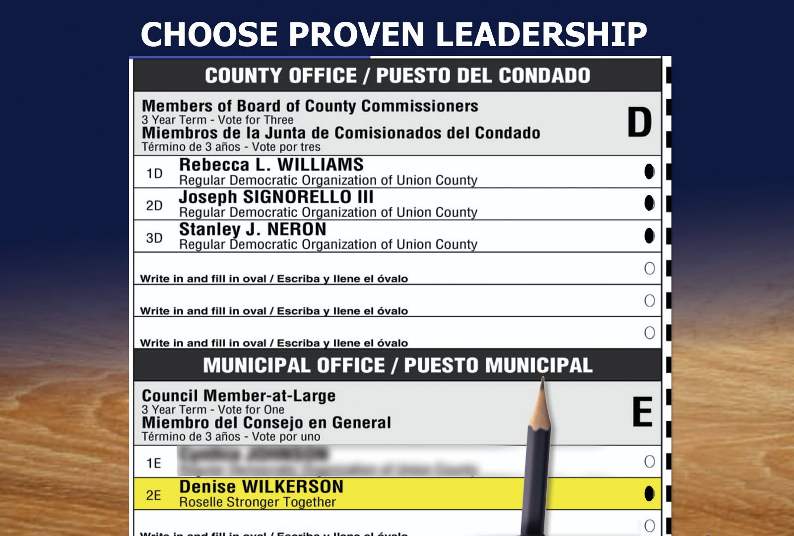 Sample ballot showing Denise Wilkerson for Council Member-at-Large